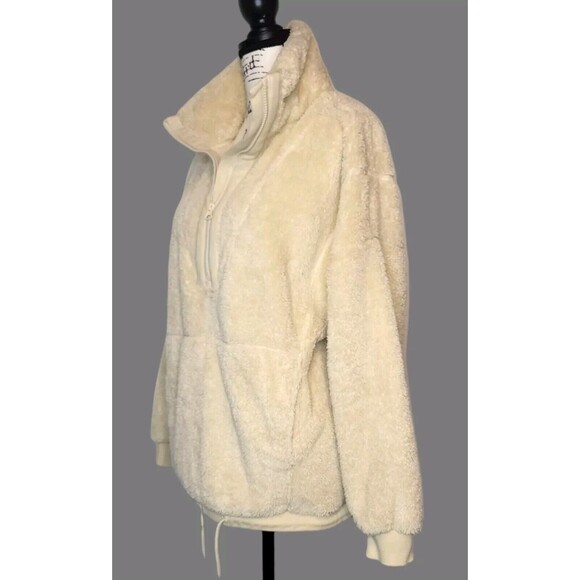 JoyLab Ivory Sherpa Pullover Sweatshirt Women’s L Quarter Zip Kangaroo Pocket - Picture 2 of 7